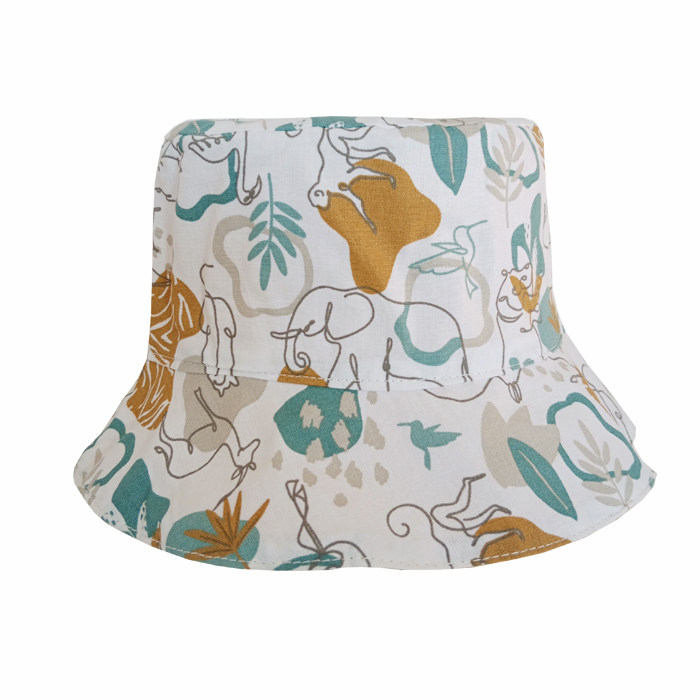 Gorro reversible de animales en blanco y amarillo mostaza